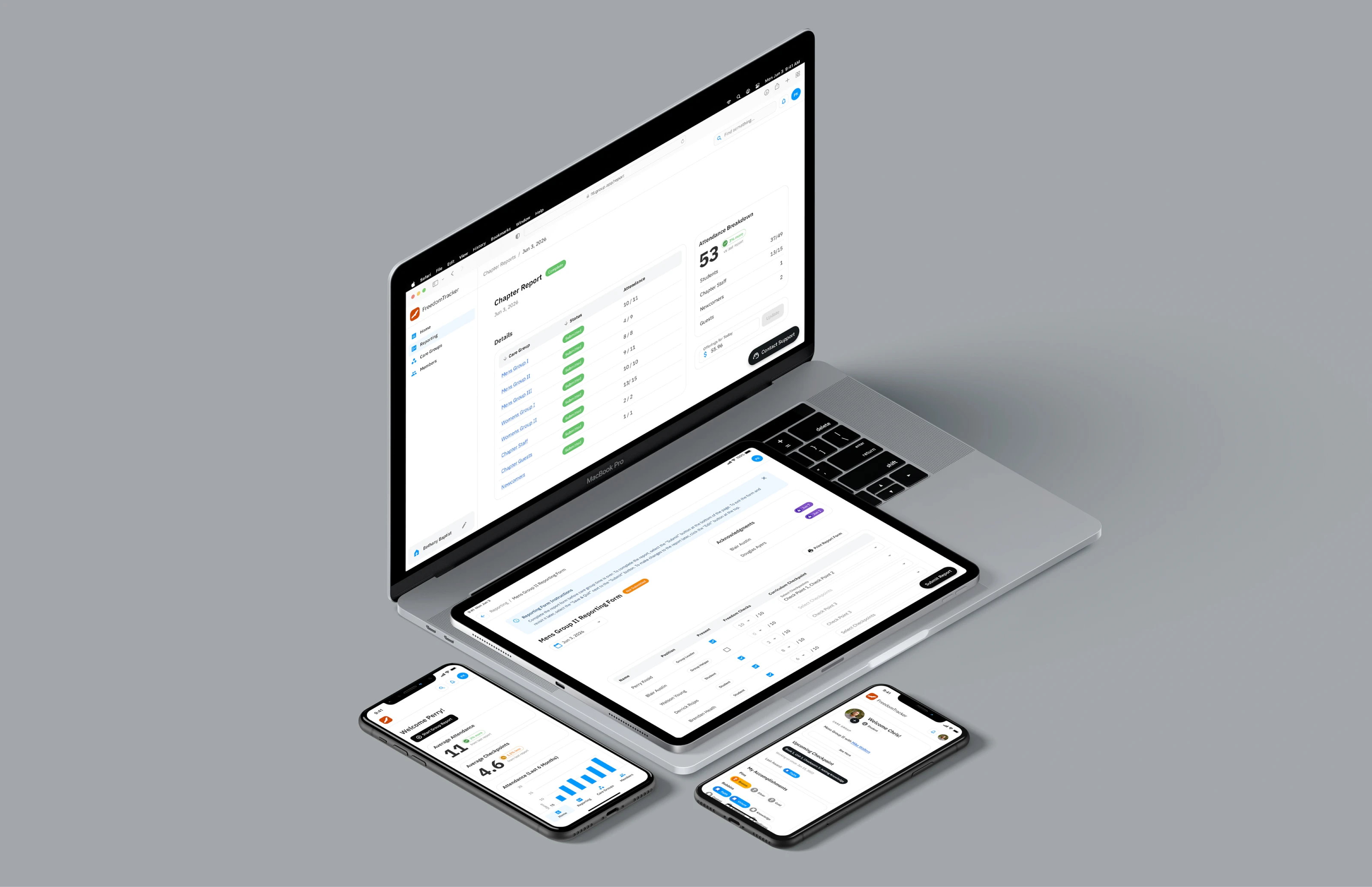 A visual representation of the Freedom Tracker platform across web, tablet, and mobile devices