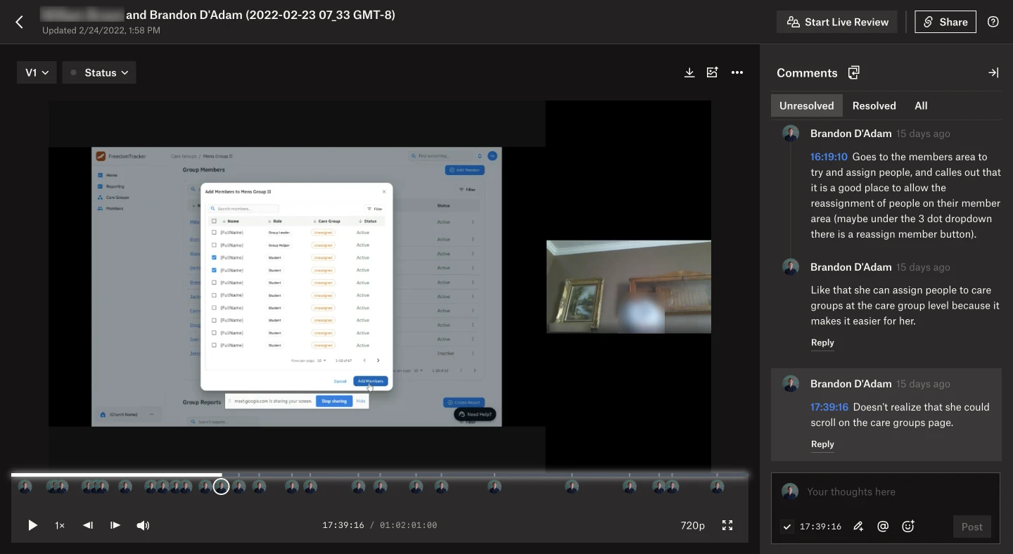A screenshot of a user testing sessions, showcasing how I documented research findings