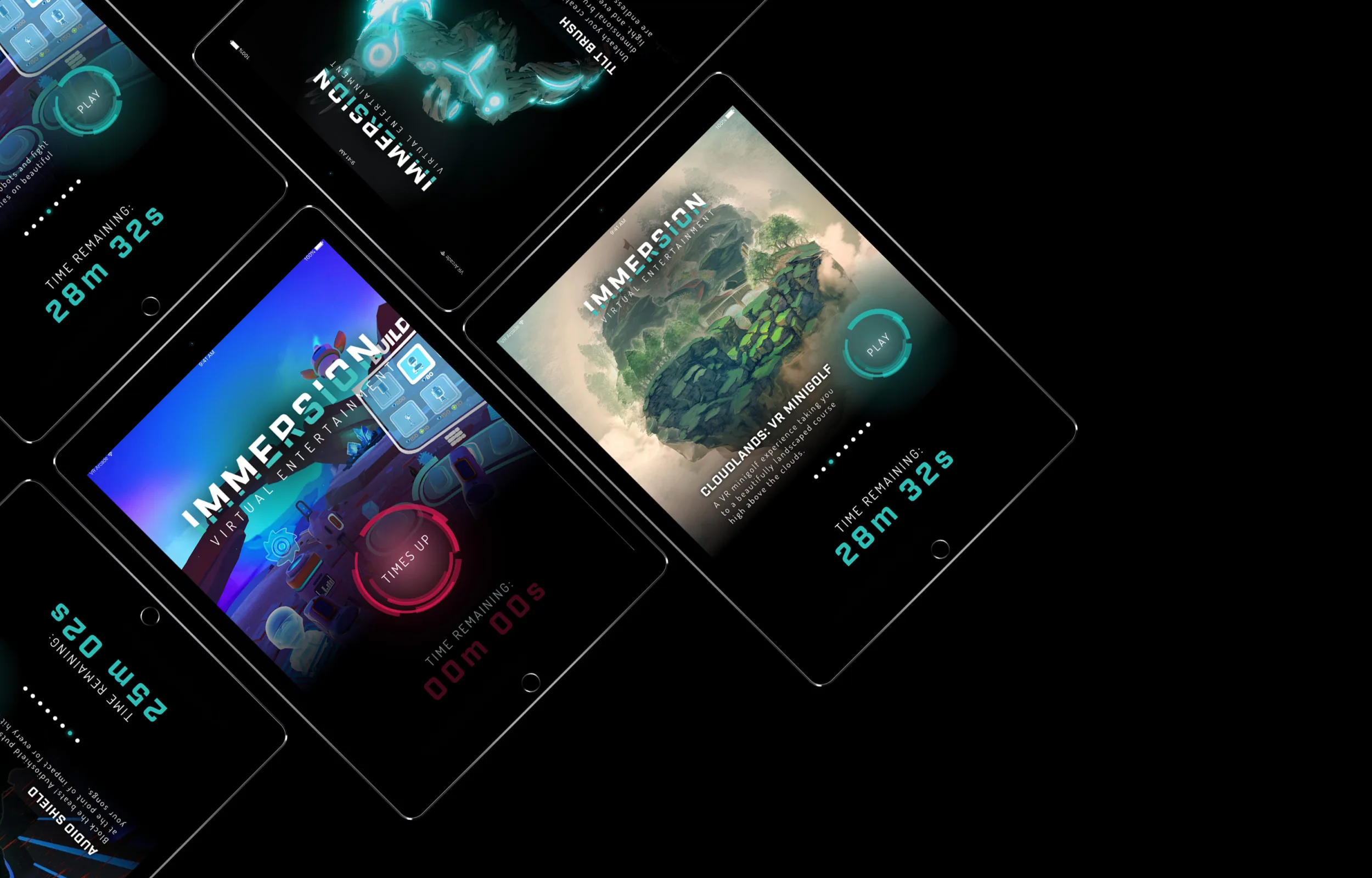 A visual representation of the Immersion VR arcade experience, showcasing multiple screens a player would interact with