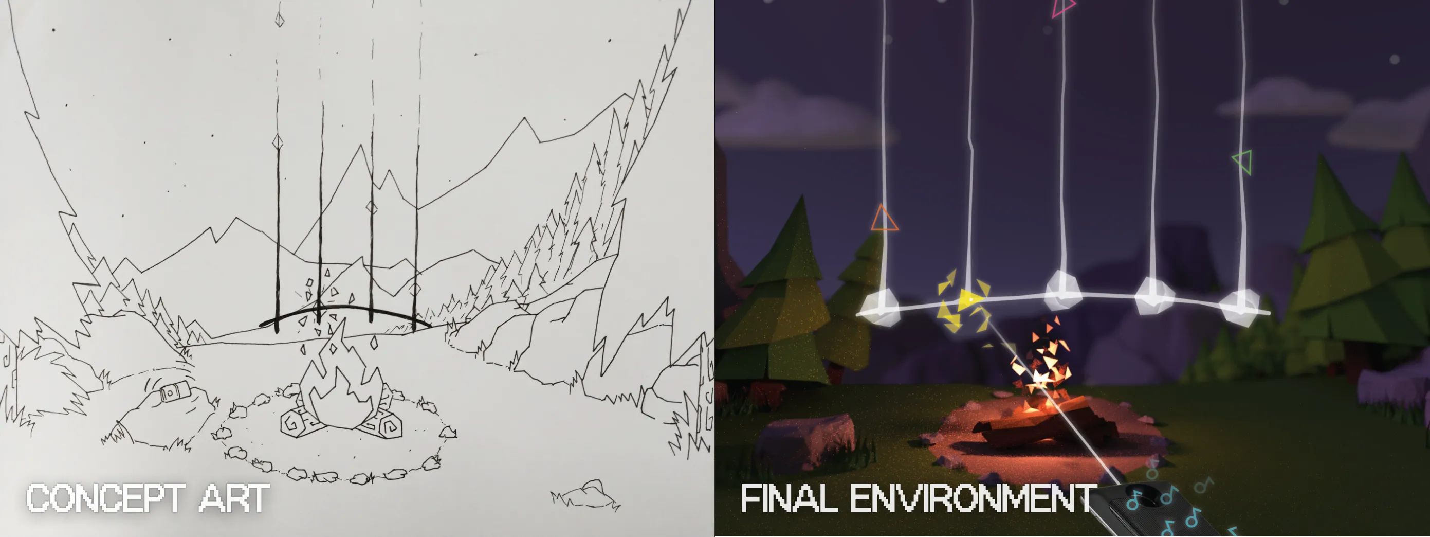 A side by side comparison of the initial concept and final 3D environment